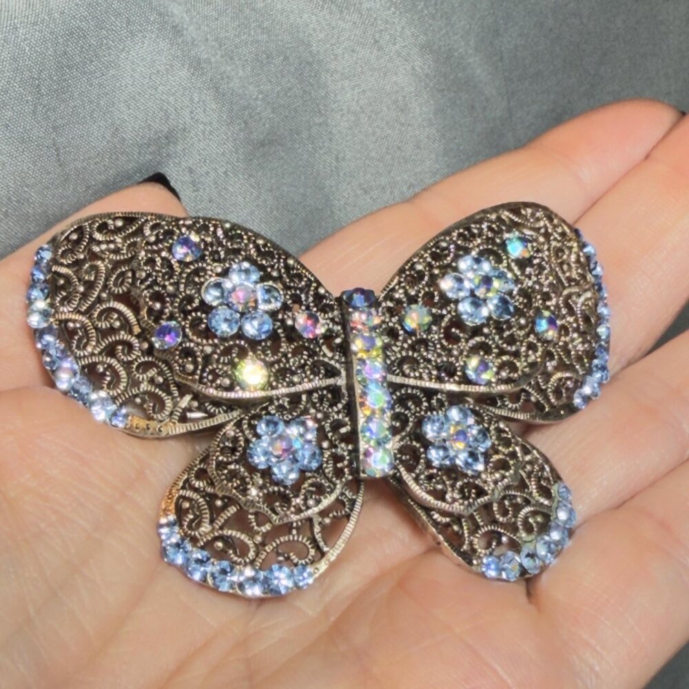 Butterfly Brooch Blue Rhinestone Filigree Crystal Pin Large Statement 3” - Picture 10 of 10